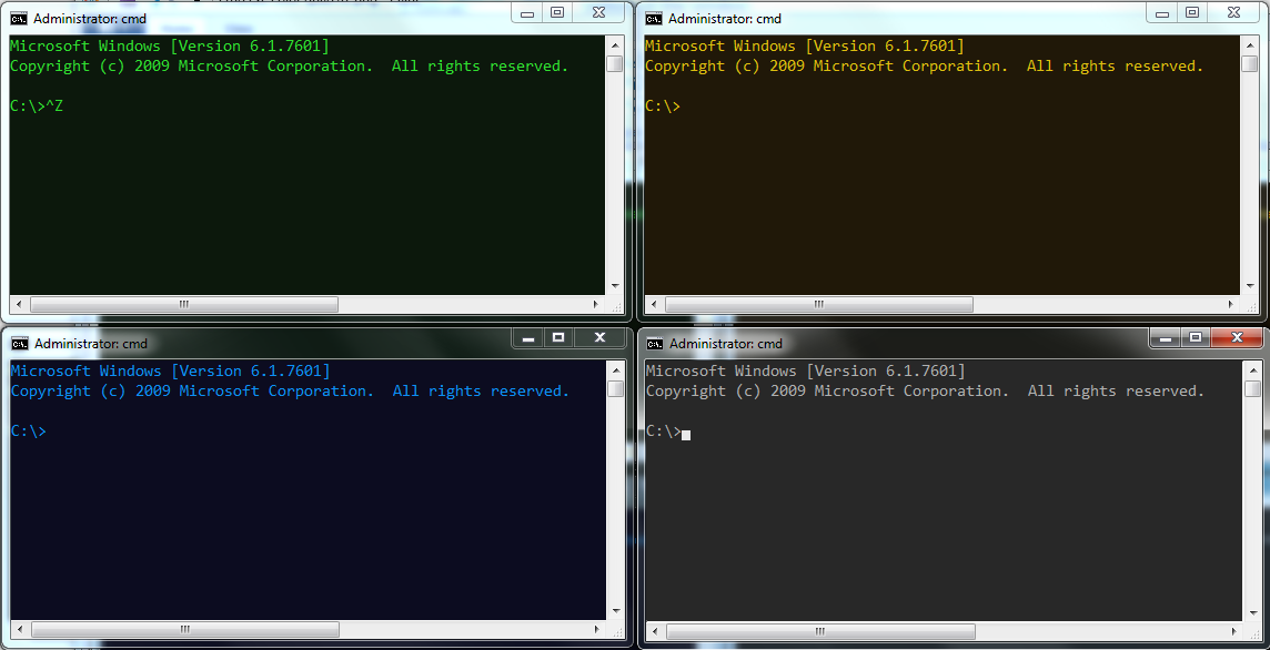 Four examples of colorized cmd.exe windows